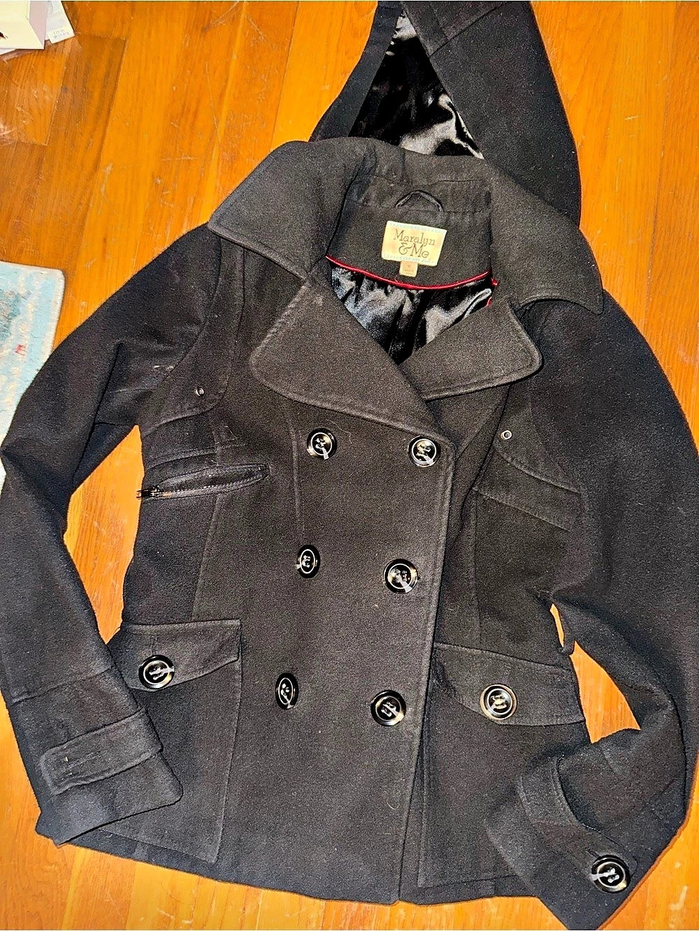 Black Double-Breasted Pea Coat with detachable hood waist length 3 pockets chic